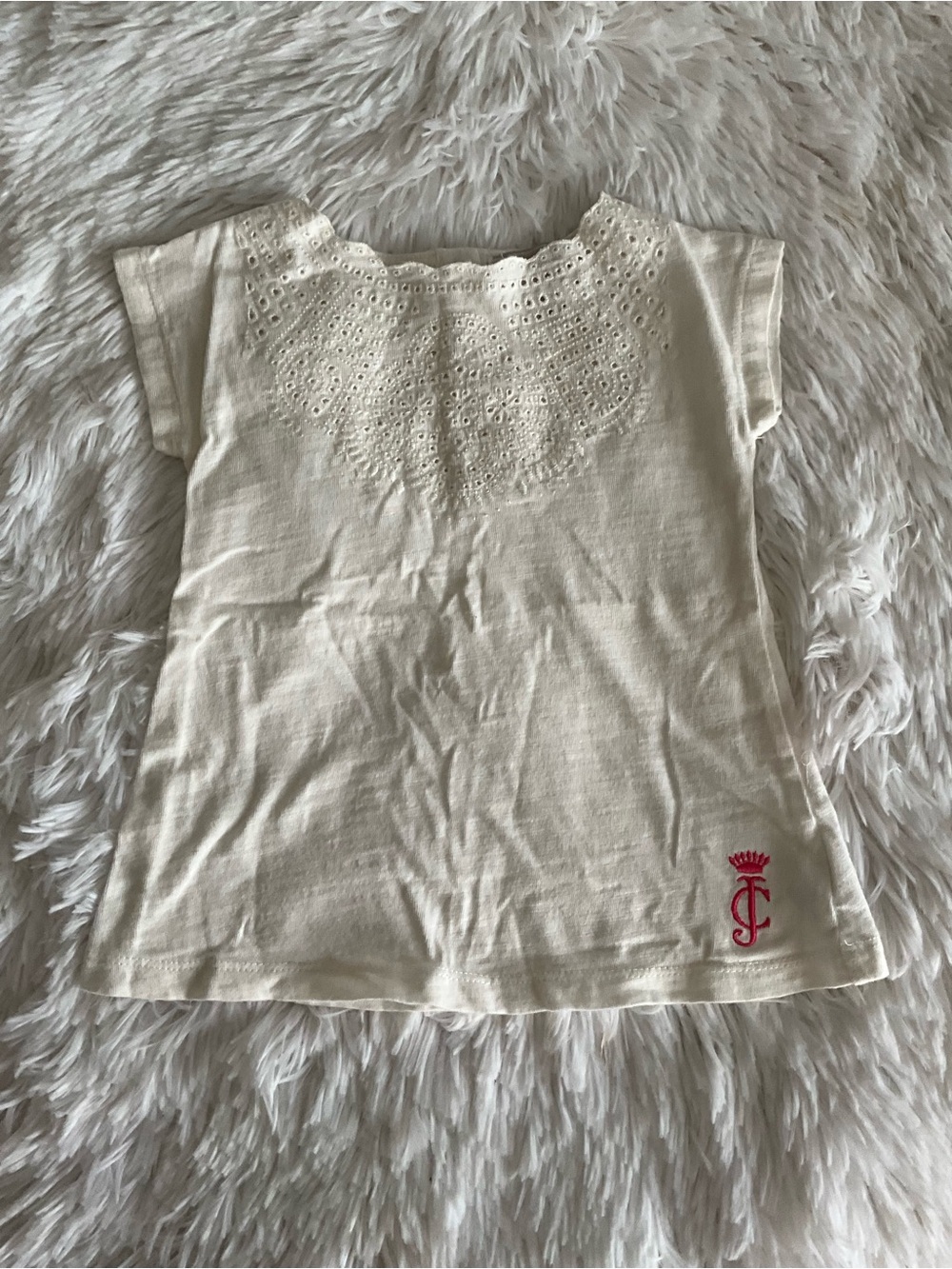 Juicy Couture White Eyelet Yoke Short Sleeve Tee with Pink Crest